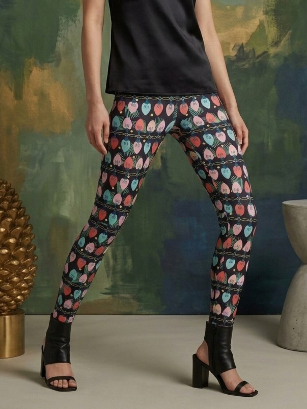 No Boundaries Black Leggings with Pink, Red and Teal Print